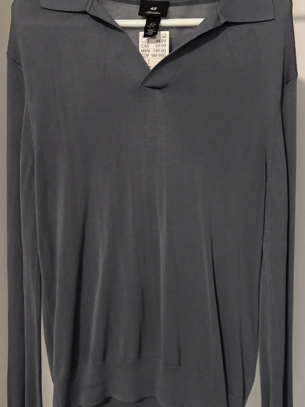 NWT H&M Men Premium Selection Fine Knit Long Sleeve Polo Shirt Small Grey Silk